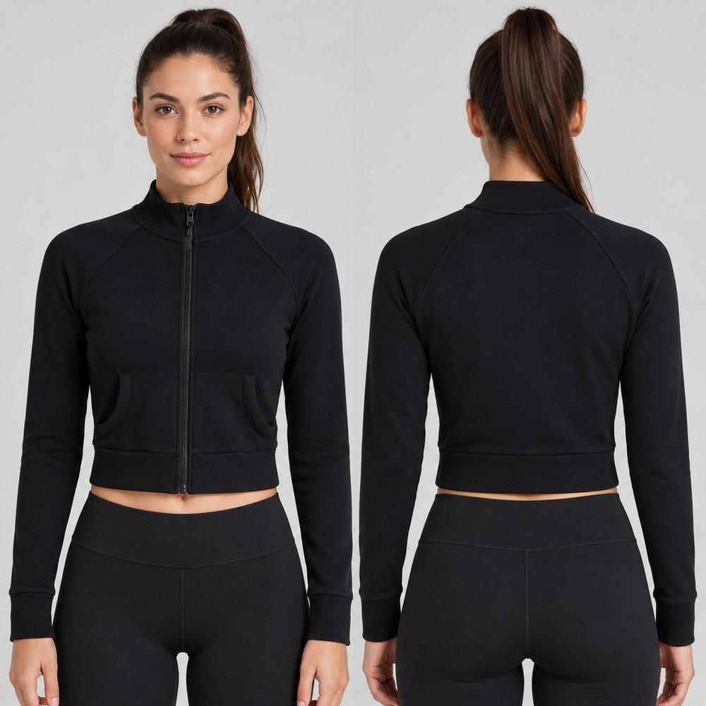 SKIMS Outdoor Fleece Mock Neck Full Zip Crop Pullover Small Black Neck Raglan